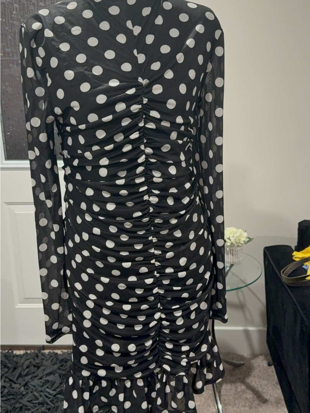 AFRM Black and White Polka Dot Ruched Long Sleeve Dress